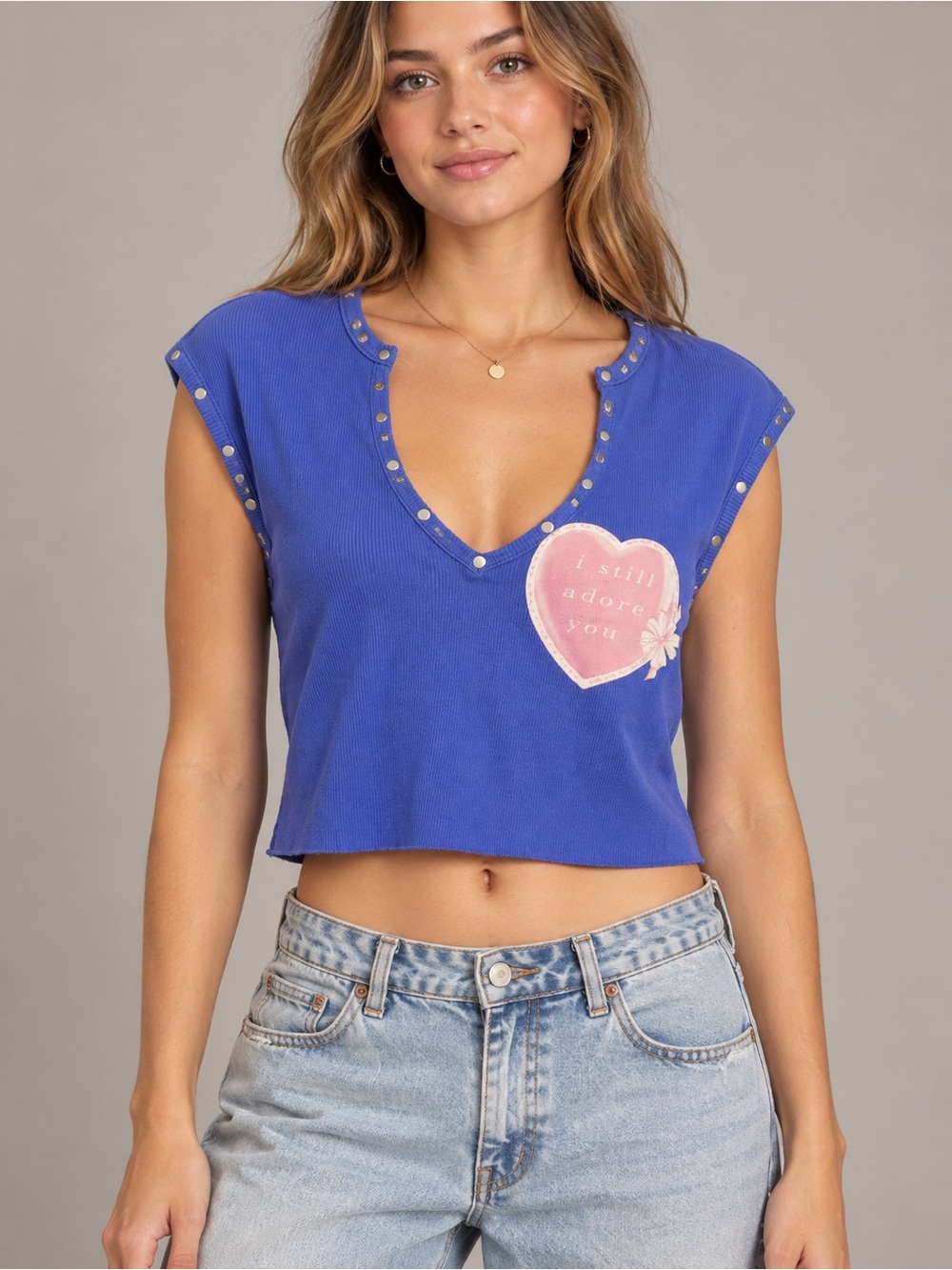 Boys Lie Adore You Stud Blue Ribbed Crop Top Size S